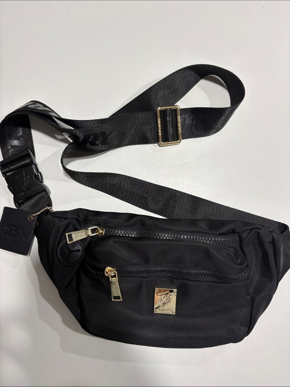 Tote & Carry Black Nylon Sling Bag with Gold Hardware